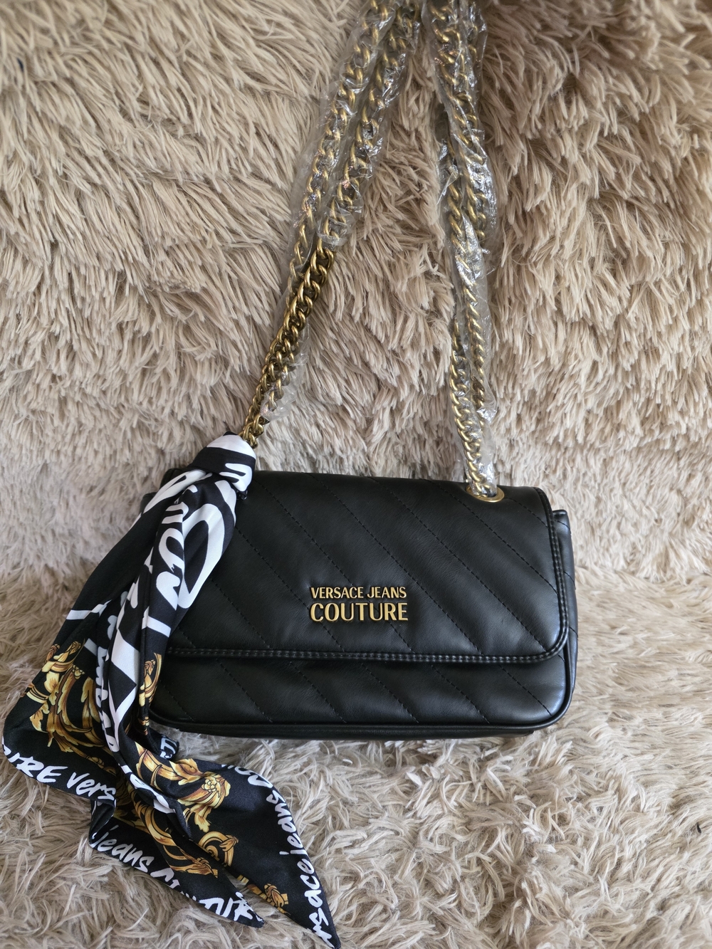 Versace Jeans Collection Black Quilted Shoulder Bag with Chain Strap